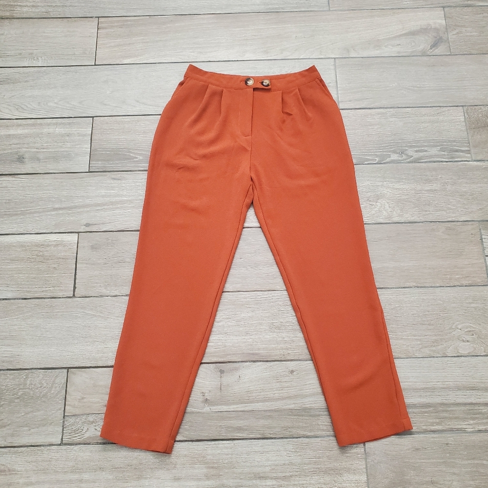 MINE women's polyester blend brownish orange pleated tapered pants